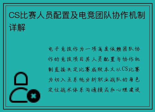 CS比赛人员配置及电竞团队协作机制详解