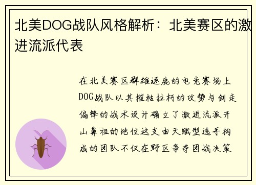 北美DOG战队风格解析：北美赛区的激进流派代表